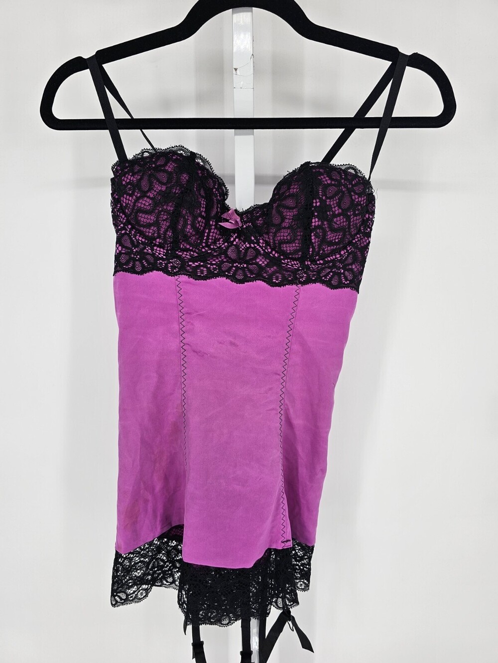 Vtg Fredericks of Hollywood Womens Sz S Satin Nightie Purple Black Lace